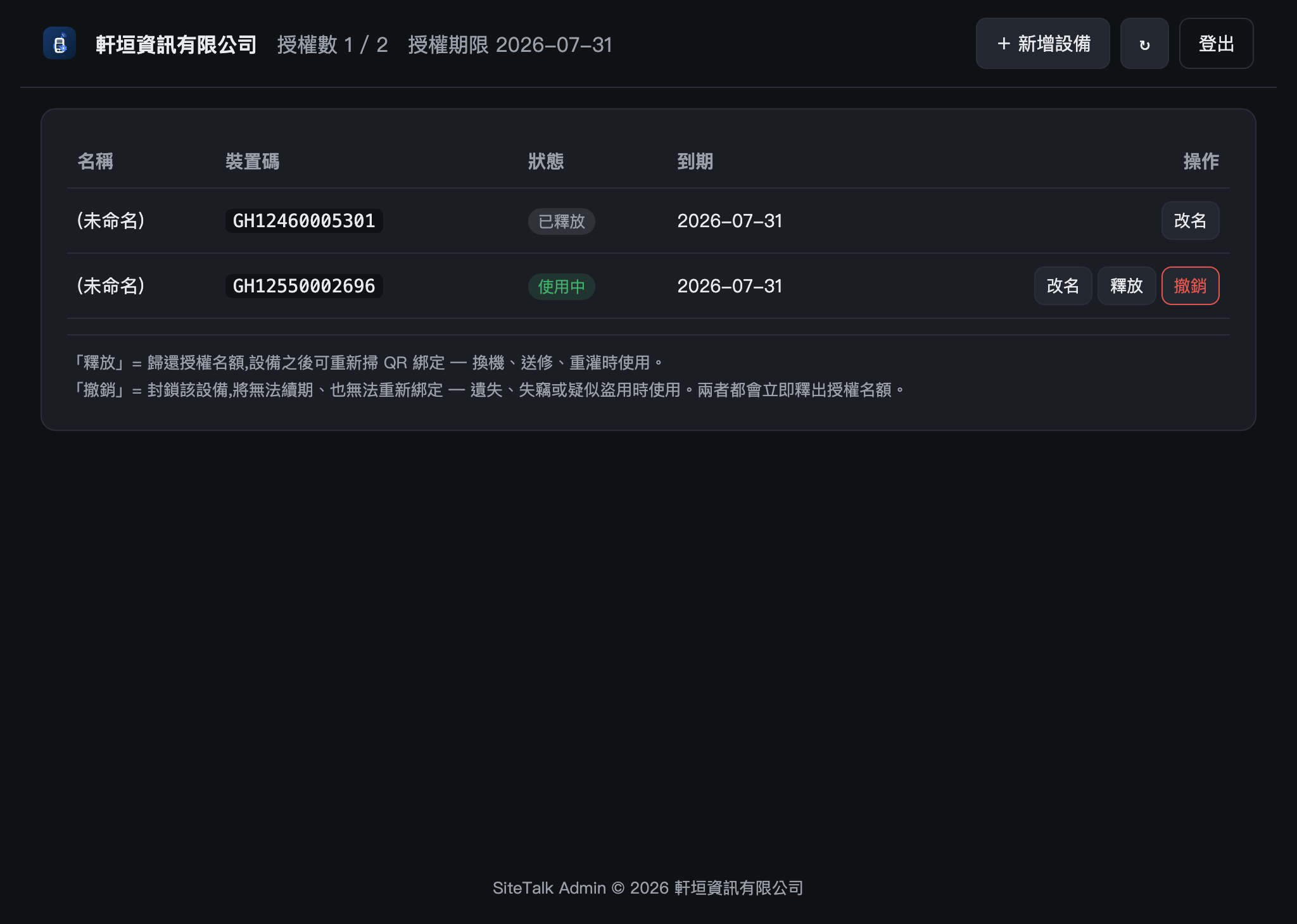 設備清單,一台已釋放、一台使用中,操作欄有改名、釋放、撤銷按鈕